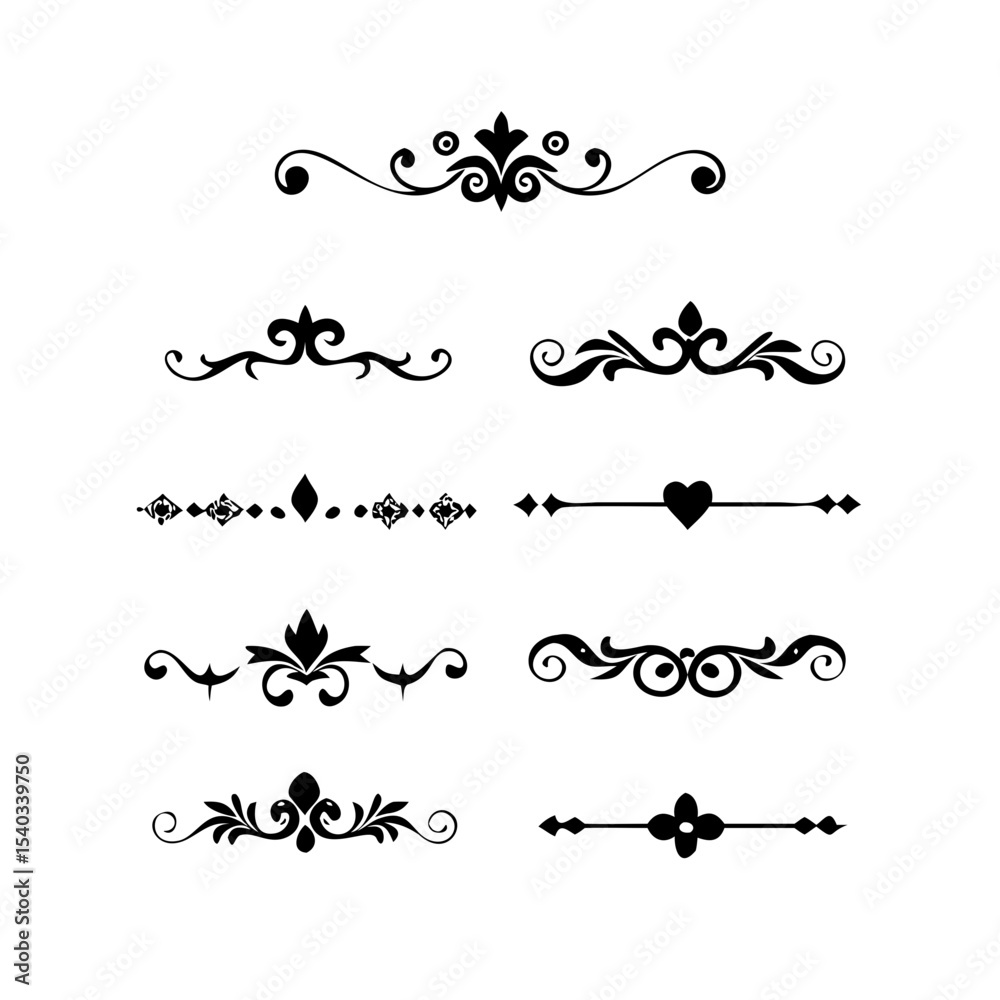 Obraz premium Decorative simple divider. Text dividers retro minimal line separators, Vector isolated geometric wedding card heart separator elements set. Text dividers. . Hand drawn vector illustration.