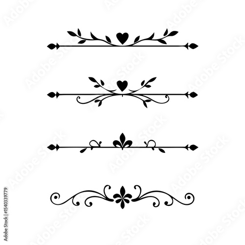  Decorative simple divider. Text dividers retro minimal line separators, Vector isolated geometric wedding card heart separator elements set. Text dividers. . Hand drawn vector illustration.