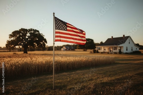  American flag waving in a golden field at sunset near a farmhouse