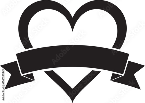 Heart with Blank Ribbon Banner Silhouette in Black | Love Badge Illustration Vector Format