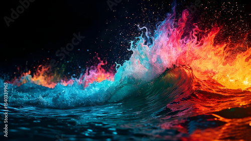 Colorful wave and light water on black background. AI-generated