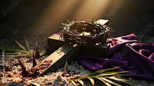 Crown Of Thorns and Cross With Purple Robe On Ash. AI-generated