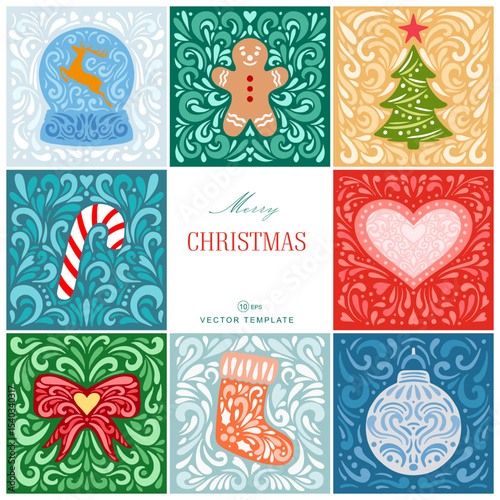 Merry christmas banners vector illustration set templates. Merry and Bright Corporate Holiday cards. Universal abstract creative cards.
