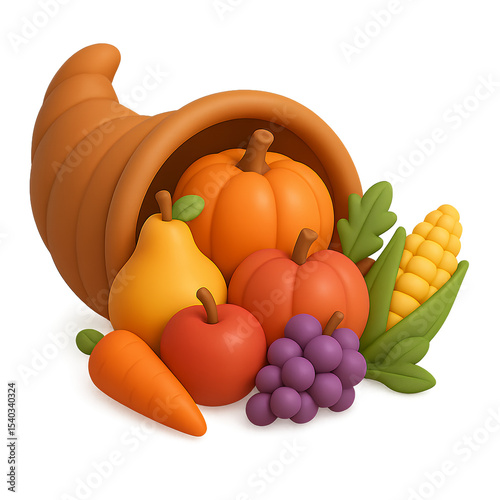 3D cornucopia horn overflowing with autumn harvest including pumpkins, grapes, corn, and vegetables in rich, warm tones, symbolizing abundance and gratitude.