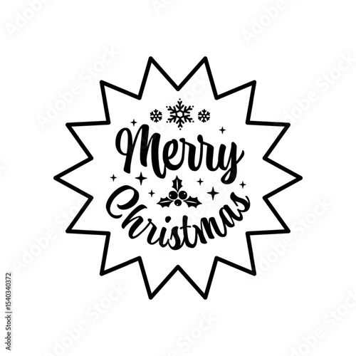 Vector cartoon 3d Merry Christmas starburst sticker medal line icon. Red round sunburst season greetings label, Christmas gift tag, Xmas stamp. Winter holiday seal badge, lettering decorative element.