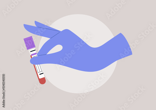 A gloved hand adeptly holds a blood collection tube, demonstrating the meticulous process involved in conducting lab blood tests, The environment reflects a blend of science and care.