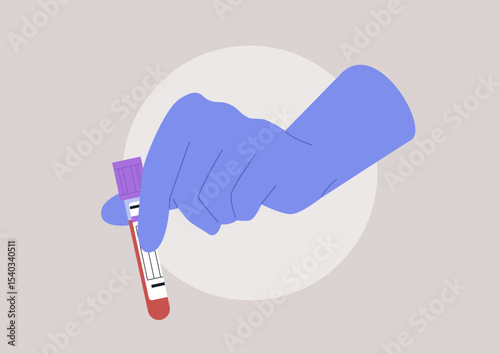 A gloved hand gently holds a blood sample tube, representing the essential step in health diagnostics, highlighting the significance of lab blood tests within a contemporary medical space