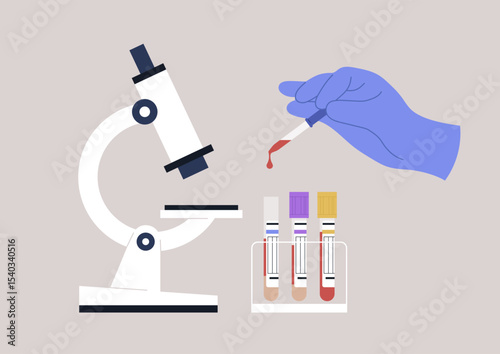 A gloved hand carefully collecting blood from a test tube while a microscope stands nearby, showcasing the intricate process of conducting lab blood tests for health analysis