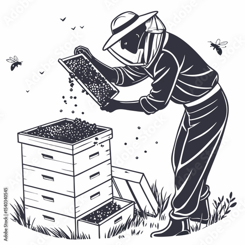 Vector Silhouette of a Beekeeper Inspecting Honeycomb A Detailed Illustration of Apiary Work