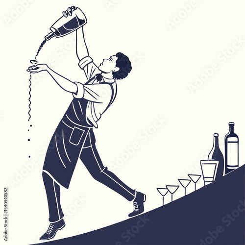 Vector Silhouette of a Bartender Expertly Shaking a Cocktail Elegant Mixology Illustration