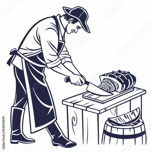 Vector Silhouette of a Butcher Slicing Meat Vintage Butcher Shop Illustration