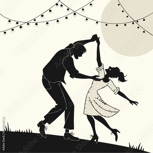 Romantic Salsa Dance Vector Silhouette of a Couple Dancing Under the Moonlight
