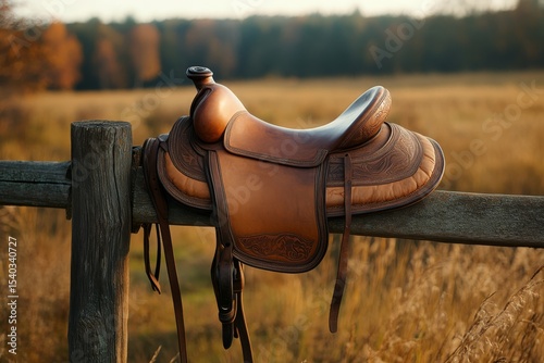 A rustic saddle rests on a wooden fence, surrounded by a serene field and softened by warm autumn hues. photo