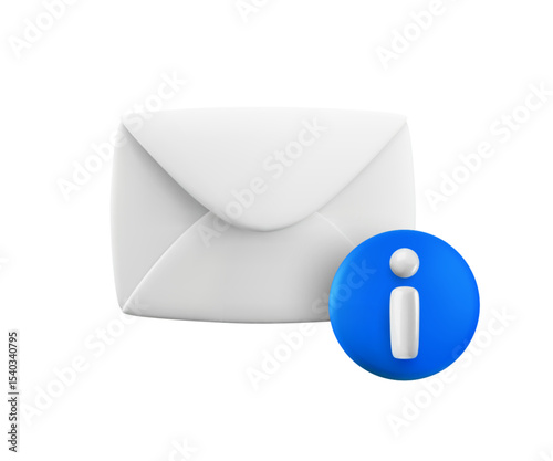 Vector cartoon 3d Information Email icon. 3d render white envelope with round blue info sign. Letter with FAQ Document, important information notification, support help mail concept for app, ui, game.