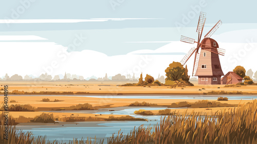 Digital painting of a pastoral landscape featuring a traditional windmill situated in a golden field. A calm body of water with reeds is visible in the foreground, leading the eye towards the