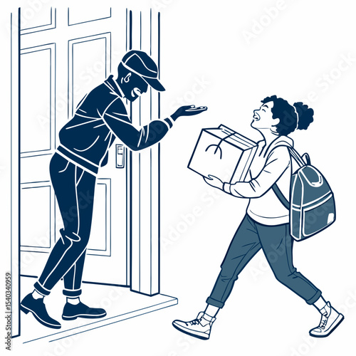 Vector Silhouette Illustration Courier Delivering Package, Door Delivery Service, Online Shopping,  Fast Delivery,  Parcel Handoff