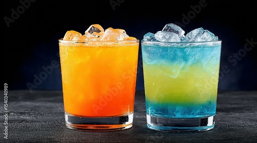 Two brightly colored cocktails with ice.