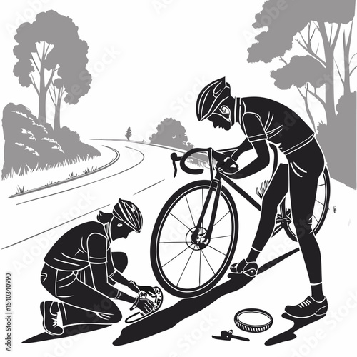 Vector Silhouette of Cyclists Fixing a Flat Tire Roadside Repair and Bike Maintenance Illustration