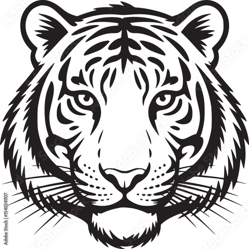 A detailed black and white illustration of a tiger�s face on a white background in a vector style