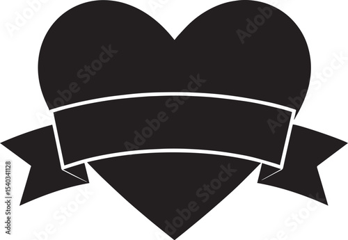 Heart with Blank Ribbon Banner Silhouette in Black | Love Badge Illustration Vector Format