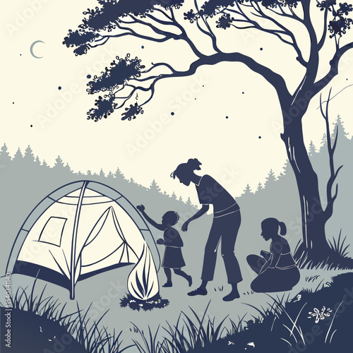 Vector Silhouette of a Family Camping Adventure Nighttime Tent Scene Illustration
