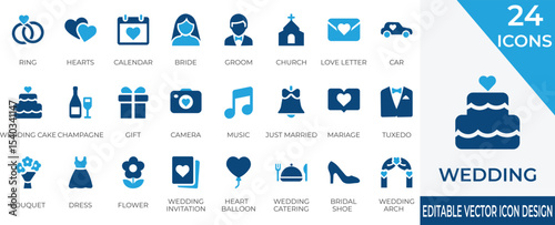 A stylish collection of solid icons representing all the special elements of a wedding day. Perfect for invitations, planners, websites, and bridal-themed designs.