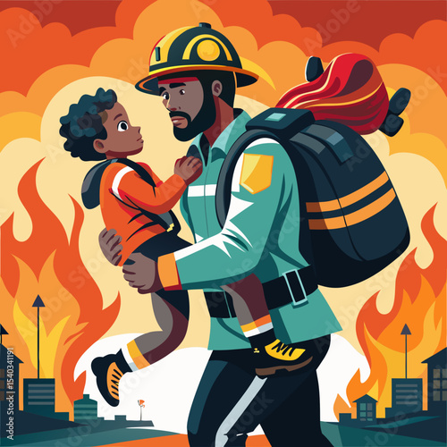 Brave Firefighter's Rescue A Vector Silhouette Illustration of a Hero Carrying a Child from a Fiery Scene