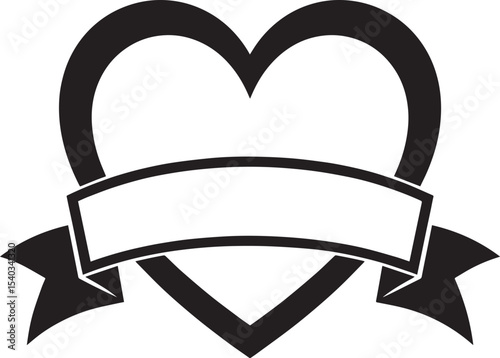 Heart with Blank Ribbon Banner Silhouette in Black | Love Badge Illustration Vector Format