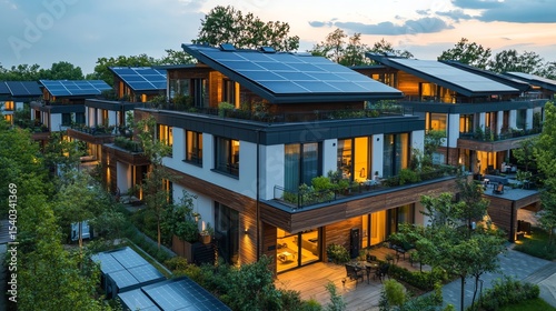 Modern eco-friendly homes with solar panels and greenery.