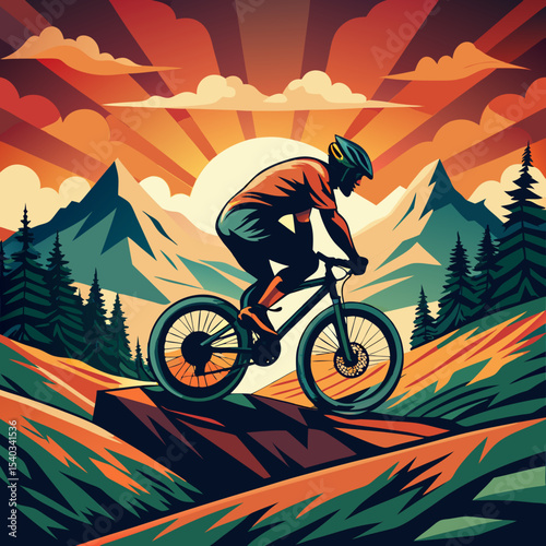 Vector Silhouette of Mountain Biker Tackling Steep Trail at Sunset Epic Mountain Biking Adventure Illustration