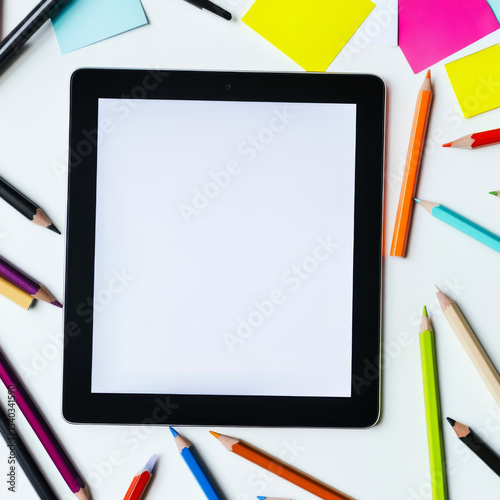 Tablet on artist's desk with colorful drawing tools and sketches, a mockup