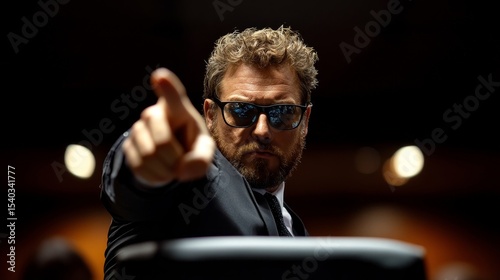 A man with a beard and sunglasses pointing to something