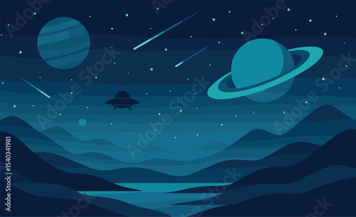 Space Landscape With Planets Meteors And A UFO