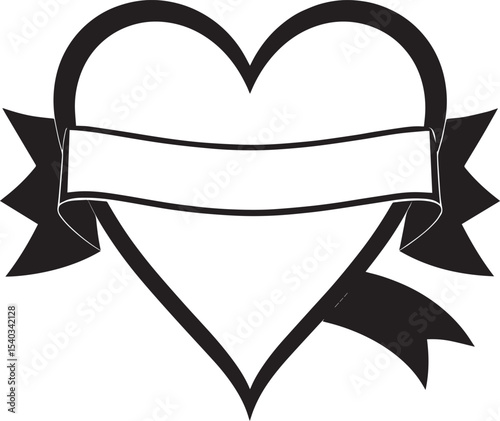 Heart with Blank Ribbon Banner Silhouette in Black | Love Badge Illustration Vector Format