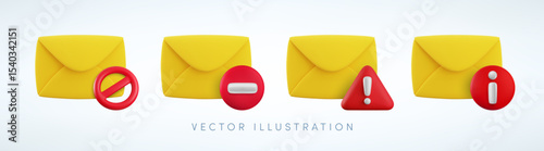 Vector cartoon 3d no spam mail icon set. Realistic 3d render of yellow envelope with red circle stop, attention, info and exclamation sign. Forbidden mailing, blocked message notification sticker.