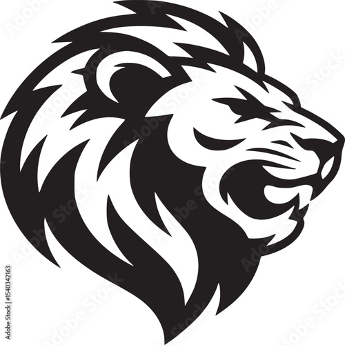 A black and white graphic design of a lion head roaring on a plain white background side profile view
