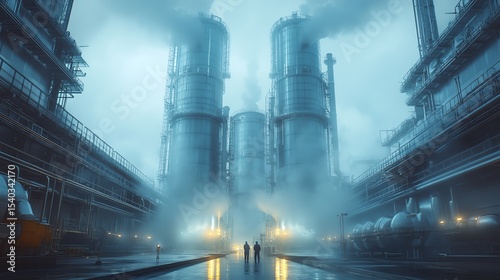 Industrial scene with large tanks and misty atmosphere.