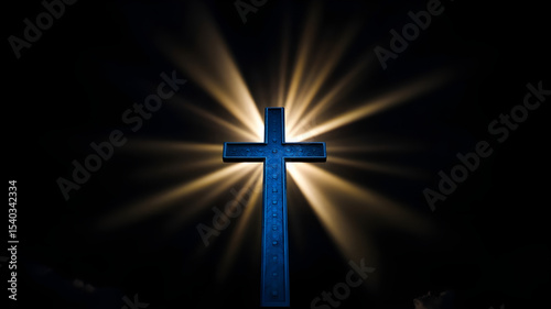 Blue religioush cross with sun rays shine on the dark background. AI-generated