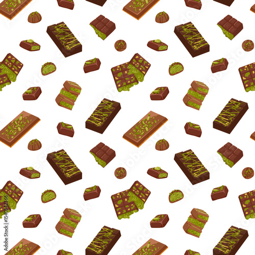 Dark and milk chocolate truffles with pistachio nuts topping. Vector cartoon seamless pattern of sweet trendy Dubai candy bar for packaging, dessert visuals, textile, wrapping, menu background