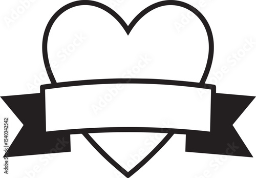 Heart with Blank Ribbon Banner Silhouette in Black | Love Badge Illustration Vector Format
