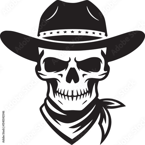 A skull wearing a cowboy hat with stars and a bandana in black and white illustration style