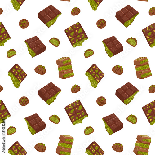 Dubai chocolate bar with pistachio nuts topping seamless pattern. Vector cartoon hand drawn illustration of sweet trendy dessert for packaging, textile, wrapping, menu background isolated on white