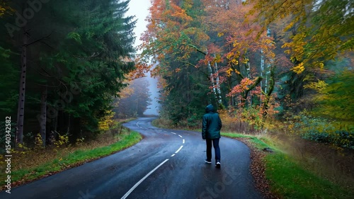 Lone Figure Walking on a Curved Forest Road in the Morning Mist