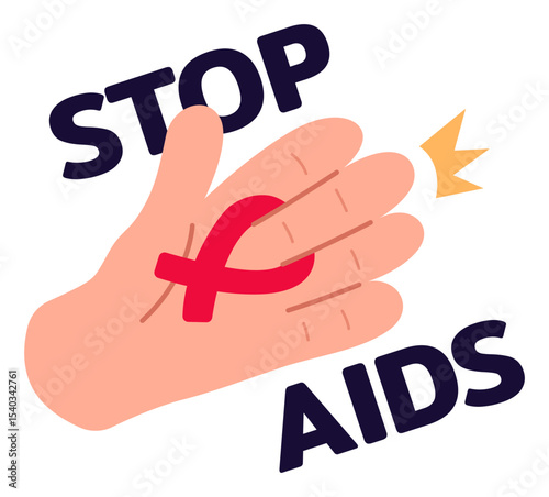 Stop AIDS Hand with Red Ribbon, HIV Awareness Campaign Illustration