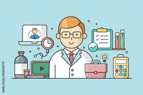 Cartoon vector illustration of a doctor and nurse with a stethoscope, working in an office with a computer, embodying the concept of people in the medical occupation