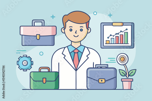 Cartoon businessman working on a laptop, analyzing a business chart and graph with a modern technology concept illustration