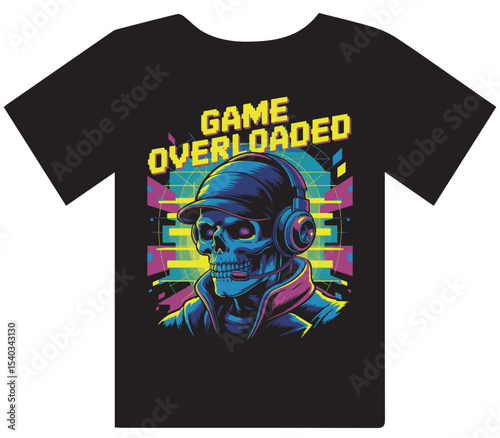 Game Overloaded" Cybernetic Skull with Blue and Purple Hues T-Shirt Design
