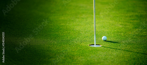 A golf ball is sitting in a hole on a green field