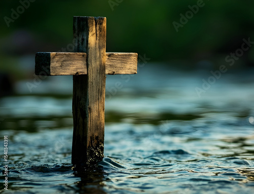 Wooden Cross surrounded by moving water. AI-generated