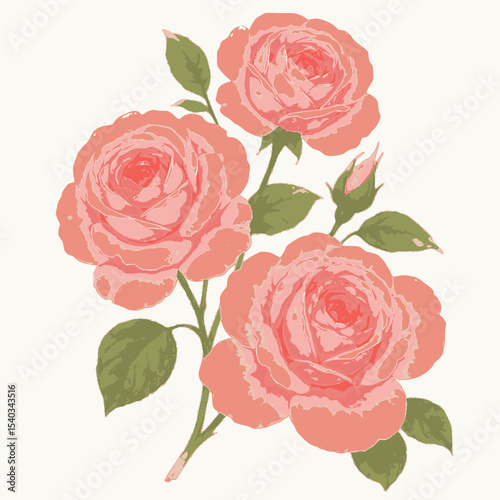 Watercolor style pink rose bouquet with leaves and a bud.